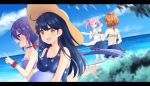 4girls :d absurdres akebono_(kantai_collection) ball bangs bare_arms bare_legs bare_shoulders barefoot beachball bell bikini bikini_top black_hair blue_bikini blue_skirt blue_sky blue_swimsuit blurry blurry_foreground blush breasts brown_eyes brown_hair brown_headwear brown_scrunchie casual_one-piece_swimsuit clouds collarbone commentary_request day depth_of_field eyebrows_visible_through_hair flower green_bikini hair_bell hair_between_eyes hair_flower hair_ornament hat highres horizon jingle_bell kantai_collection large_breasts letterboxed long_hair multiple_girls oboro_(kantai_collection) ocean one-piece_swimsuit open_mouth outdoors palm_tree pink_hair pleated_skirt polka_dot polka_dot_swimsuit poppy_(poppykakaka) profile purple_bikini purple_hair red_scrunchie sazanami_(kantai_collection) scrunchie side_ponytail skirt sky smile sun_hat swimsuit tree ushio_(kantai_collection) very_long_hair violet_eyes water wrist_scrunchie 