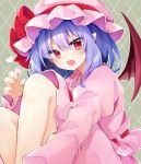  1girl bat_wings blue_hair bow claw_pose dress eringikinono eyes_visible_through_hair fang fetal_position frilled_shirt_collar frills hat hat_ribbon highres long_sleeves looking_at_viewer mob_cap pink_dress purple_hair red_bow red_eyes red_ribbon remilia_scarlet ribbon short_hair sitting touhou wings 