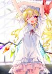  1girl arms_up bangs blonde_haired_cure_(bomber_girls_precure)_(happinesscharge_precure!) cowboy_shot crystal curtains dress eyebrows_visible_through_hair flandre_scarlet frilled_skirt frilled_sleeves frills hat hat_ribbon highres hinasumire long_hair mob_cap one_eye_closed one_side_up open_mouth red_eyes red_neckwear red_ribbon ribbon shirt short_sleeves side_ponytail skirt stretch touhou wavy_hair white_dress white_shirt wings 