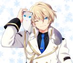  1boy animal_on_shoulder black_shirt blonde_hair blue_eyes blue_neckwear closed_mouth commentary_request eyebrows_visible_through_hair hair_between_eyes holostars jacket kishido_temma light_smile long_sleeves looking_at_viewer male_focus necktie nyokkiiiiin on_shoulder one_eye_closed shirt short_hair simple_background snowflake_background solo upper_body virtual_youtuber white_jacket 