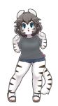  1girl animal_ears black_hair blue_eyes blush denim denim_shorts eyebrows_visible_through_hair full_body furry highres jupiter_europe looking_at_viewer original parted_lips shirt short_hair short_sleeves shorts smile solo tail thick_thighs thighs tiger_ears tiger_girl tiger_tail white_shirt white_skin 