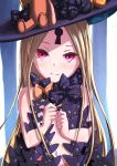  1girl abigail_williams_(fate/grand_order) absurdres bangs bare_shoulders black_bow black_headwear blonde_hair bow breasts closed_mouth fate/grand_order fate_(series) forehead hat highres keyhole li_zhu long_hair multiple_bows navel orange_bow parted_bangs red_eyes small_breasts smile witch_hat 