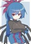  1girl :o arm_under_breasts blue_gloves blue_hair border breasts commentary_request eyebrows_visible_through_hair gen_5_pokemon gloves high_ponytail hydreigon looking_at_viewer maks_(makusu_210) open_mouth outside_border personification pokemon pokemon_(creature) ponytail red_eyes simple_background solo thigh-highs tied_hair tongue white_border 