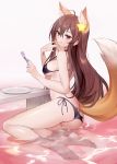  1girl :q absurdres ahoge animal_ear_fluff animal_ears ass bangs bare_arms bare_legs bare_shoulders barefoot black_bra black_panties blush bra breasts brown_eyes brown_hair commentary_request ei1han food food_on_face fork fox_ears fox_tail grey_background hair_between_eyes hair_ornament hand_up highres holding holding_fork large_breasts long_hair looking_at_viewer original panties plate side-tie_panties smile solo star_(symbol) star_hair_ornament tail thighs tongue tongue_out underwear underwear_only very_long_hair 