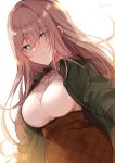  1girl backlighting bangs blue_eyes blush breasts brown_hair brown_skirt commentary_request eyebrows_visible_through_hair eyes_visible_through_hair fukunoki_tokuwa green_jacket hair_between_eyes high-waist_skirt highres jacket long_hair long_sleeves looking_at_viewer medium_breasts open_clothes open_jacket original parted_lips plaid plaid_skirt simple_background skirt solo sweater twitter_username unmoving_pattern very_long_hair white_background white_sweater 