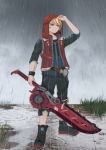  1boy blonde_hair holding holding_sword holding_weapon hood hood_up hooded_jacket jacket looking_afar male_focus monado monado_rex open_clothes open_jacket outdoors overcast puddle rain red_jacket shulk solo sword tick_toclock weapon xenoblade_(series) xenoblade_1 xenoblade_1:_tsunagaru_mirai 