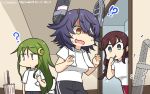  !? 4girls ? alternate_costume bangs black_pants braid brown_hair cowboy_shot crescent crescent_hair_ornament dated dotted_line dress eyepatch green_eyes green_hair hair_ornament hamu_koutarou headgear highres kantai_collection long_hair multiple_girls nagatsuki_(kantai_collection) northern_ocean_hime noshiro_(kantai_collection) pants purple_hair red_pants shaded_face shinkaisei-kan shirt short_hair standing sweat swept_bangs t-shirt tenryuu_(kantai_collection) toothbrush_in_mouth towel towel_around_neck track_pants twin_braids umbrella white_dress white_hair white_shirt white_towel yellow_eyes 