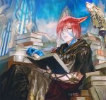  1boy animal_ears bangs book book_stack cat_ears crystal_exarch cup final_fantasy final_fantasy_xiv frischenq g&#039;raha_tia hair_over_one_eye looking_at_viewer male_focus miqo&#039;te open_book parted_bangs red_eyes redhead short_hair sitting solo teacup 