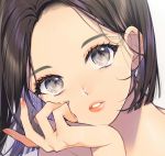  1girl absurdres black_eyes brown_hair close-up commentary_request eyebrows eyelashes eyeshadow fingernails head_rest head_tilt highres lipstick looking_at_viewer makeup nail_polish original red_nails short_hair sogawa solo white_background 