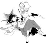  2girls black_hair bow closed_eyes commentary_request hair_bow hair_tubes hakurei_reimu hands_on_own_knees hands_together long_skirt long_sleeves lying monochrome multiple_girls remilia_scarlet seiza short_hair simple_background sitting sitting_on_person skirt smile touhou white_background wings yuki_(popopo) 