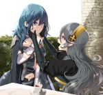  2girls alternate_color arm_guards armor blue_eyes blue_hair blush brick_wall byleth_(fire_emblem) byleth_eisner_(female) byleth_eisner_(female) cape coat corrin_(fire_emblem) corrin_(fire_emblem)_(female) cup cute female_my_unit_(fire_emblem:_three_houses) female_my_unit_(fire_emblem_if) fire_emblem fire_emblem:_three_houses fire_emblem:_three_houses fire_emblem_14 fire_emblem_16 fire_emblem_fates fire_emblem_heroes fire_emblem_if grey_hair hairband hands_on_another&#039;s_face human intelligent_systems kamui_(fire_emblem) kamui_(fire_emblem)_(girl) long_hair looking_at_another manakete medium_hair midriff moe multiple_girls my_unit_(fire_emblem:_three_houses) my_unit_(fire_emblem_if) navel nintendo open_mouth player_2 pointy_ears red_eyes sparkle super_smash_bros. table teacup very_long_hair yappen 