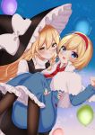  2girls absurdres alice_margatroid apron ascot balloon bangs black_dress blonde_hair blue_dress blue_eyes blush bow braid capelet carrying dress eyes_visible_through_hair frilled_ascot frilled_dress frilled_sash frilled_skirt frills hair_bow hairband hat hat_bow highres kirisame_marisa lolita_hairband long_sleeves multiple_girls open_mouth pantyhose princess_carry red_hairband ribbon sash shiki_(s1k1xxx) short_hair side_braid single_braid skirt star_(symbol) touhou waist_apron white_bow white_capelet white_ribbon witch_hat yellow_eyes 