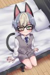  1boy :3 bangs black_legwear blonde_hair blush cat_boy collared_shirt doubutsu_no_mori extra_ears full_body green_eyes hair_between_eyes heterochromia jack_(doubutsu_no_mori) looking_at_viewer looking_up male_focus multicolored_hair necktie on_bed personification pillow shirt shorts silver_hair sitting smile socks solo two-tone_hair usagigenki vest white_shirt yellow_eyes 