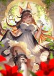  1girl :d animal_ears apron bangs black_dress blurry blurry_foreground blush breasts brown_hair cat_ears collared_dress day depth_of_field dress eyebrows_visible_through_hair fang flower frilled_dress frills gloves hair_between_eyes hand_up head_tilt highres knife long_hair looking_at_viewer maid medium_breasts okuma_mai open_mouth original outdoors puffy_short_sleeves puffy_sleeves red_eyes red_flower short_sleeves skirt_hold smile solo thigh-highs very_long_hair white_apron white_gloves white_legwear 