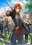  2boys 4girls annette_fantine_dominic arm_up armor belt black_headwear blonde_hair blue_sky boots bow brown_hair clouds company_name copyright_name day dorothea_arnault fire_emblem fire_emblem:_three_houses fire_emblem_cipher flag from_behind from_side garreg_mach_monastery_uniform grass hair_bow hat high_heel_boots high_heels hilda_valentine_goneril holding long_hair long_sleeves low_ponytail mercedes_von_martritz multiple_boys multiple_girls nij_24 official_art one_eye_closed open_mouth orange_hair outdoors parted_lips polearm redhead short_hair sky sylvain_jose_gautier tree uniform weapon 
