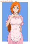  1girl apron bleach blue_background border breasts collarbone dress english_commentary fapnirr grey_eyes highres inoue_orihime large_breasts long_dress long_hair orange_hair patreon_username pink_dress short_sleeves smile solo very_long_hair watermark web_address white_apron white_border 