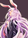  1girl animal_ears artist_name blazer blouse chikuwa_savi collared_blouse crying hand_on_own_chest highres jacket lavender_hair long_hair long_sleeves necktie open_mouth pink_skirt pleated_skirt purple_hair rabbit_ears red_neckwear reisen_udongein_inaba simple_background skirt solo tears touhou very_long_hair white_blouse 