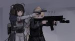  2girls ?? ahoge aiming black_hair blonde_hair bow cowboy_shot girls_frontline gloves grey_background gsh-18_(girls_frontline) gun handgun headset highres long_hair long_sleeves multiple_girls pistol pp-19-01_(girls_frontline) rampart1028 red_eyes submachine_gun suppressor very_long_hair violet_eyes weapon white_gloves 