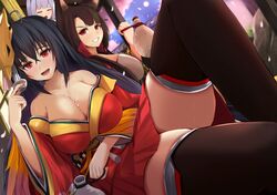  3girls ahoge akagi_(azur_lane) animal_ears azur_lane bangs bare_shoulders between_breasts bird_mask blunt_bangs bottle breasts brown_hair bust_cup cherry_blossoms closed_eyes collarbone crossed_bangs cup eyeliner fox_ears hair_down huge_breasts kaga_(azur_lane) kanzaki_kureha kyuubi long_hair looking_at_another looking_at_viewer makeup multiple_girls multiple_tails off-shoulder_kimono open_mouth outdoors petals red_eyes sakazuki sake_bottle sash short_hair taihou_(azur_lane) tail tassel teeth thigh-highs very_long_hair white_hair 