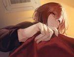  1girl 92m blanket brown_hair commentary_request covering_with_blanket from_below hair_ornament hairclip higuchi_madoka idolmaster idolmaster_shiny_colors looking_at_viewer looking_down mole mole_under_eye nail_polish short_hair solo violet_eyes 