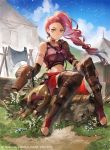  1girl axe blue_sky brown_eyes clouds company_name copyright_request day fire_emblem fire_emblem:_three_houses fire_emblem_cipher full_body grass kyouka_hatori long_hair official_art outdoors parted_lips petra_macneary ponytail purple_hair rock sitting sky solo tent 