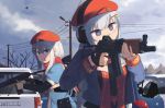  2girls 9a-91 9a-91_(girls_frontline) aiming bare_tree beret braid broken_window bullet_hole car casing_ejection cleavage_cutout clouds cloudy_sky firing girls_frontline gloves ground_vehicle hair_ornament hat headset highres hinami047 long_hair looking_at_another looking_to_the_side military military_uniform motor_vehicle multiple_girls necktie open_mouth ots-12 ots-12_(girls_frontline) pouch red_scarf scarf shell_casing sidelocks silver_hair single_braid sky star-shaped_pupils star_(symbol) star_hair_ornament symbol-shaped_pupils tree uniform upper_body 