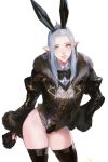  1girl animal_ears black_legwear blue_eyes bow bowtie coat cowboy_shot elezen elf final_fantasy final_fantasy_xiv frischenq fur_trim gloves hand_on_hip leotard long_hair long_sleeves looking_at_viewer parted_lips pointy_ears rabbit_ears solo thigh-highs white_background white_hair 