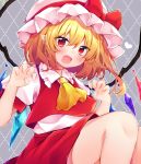  1girl ascot bangs blonde_hair blush bow claw_pose crystal eringikinono eyebrows_visible_through_hair fang flandre_scarlet frilled_shirt_collar frills hat hat_ribbon heart highres looking_at_viewer mob_cap one_side_up red_bow red_eyes red_ribbon red_skirt red_vest ribbon shirt short_hair short_sleeves side_ponytail sitting skirt skirt_set touhou vest white_shirt wings 