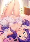  1girl absurdres aqua_eyes babydoll bare_legs barefoot bed_sheet blush breasts cellphone choker commentary_request cupboard curtains dress frills hair_between_eyes highres idolmaster idolmaster_million_live! knees_up leg_up long_hair looking_at_viewer looking_up lying mochizuki_anna navel on_back on_bed panties phone purple_hair shennai_misha small_breasts smartphone smile solo thigh_strap underwear white_choker white_dress white_panties window wrist_cuffs 