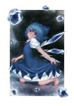  1girl absurdres barefoot blue_bow blue_dress blue_eyes blue_hair bluecup blush border bow cirno dress hair_bow highres holding_dress ice ice_wings kneeling looking_at_viewer outside_border puffy_short_sleeves puffy_sleeves red_ribbon ribbon shadow short_hair short_sleeves solo touhou white_border wings 