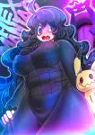  1girl ahoge al_bhed_eyes artist_name big_hair black_dress black_sweater blush breasts character_name colorful commentary_request cowboy_shot crosshatching curly_hair d: dress dripping eyelashes fat_mons flipped_hair frilled_sleeves frills from_below gen_1_pokemon gen_7_pokemon gen_8_pokemon gengar gigantamax gigantamax_gengar grabbing_own_thigh hair_between_eyes hair_over_one_eye hairband hakkasame halftone halftone_texture hex_maniac_(pokemon) highres large_breasts layered_dress long_dress long_hair looking_at_another looking_away looking_down looking_to_the_side messy_hair mimikyu no_pupils open_mouth plump pokemon pokemon_(game) pokemon_xy purple_hairband ribbed_sweater shaded_face shiny shiny_hair sidelocks spider_web_print sweat sweater sweater_dress taut_clothes taut_dress tight tongue unmoving_pattern very_long_hair violet_eyes wavy_mouth 