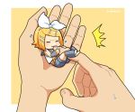  /\/\/\ 1girl arm_warmers bangs bare_shoulders biting blonde_hair bow collar commentary crop_top detached_sleeves finger_biting grey_collar grey_legwear grey_shorts grey_sleeves hair_bow hair_ornament hairclip holding kagamine_rin leg_warmers minigirl neckerchief nokuhashi pov pov_hands sailor_collar school_uniform sharp_teeth shirt short_hair short_shorts shorts swept_bangs teeth vocaloid white_bow white_shirt yellow_neckwear 