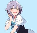  1girl blue_background blue_ribbon blush brown_eyes commentary_request idolmaster idolmaster_cinderella_girls koshimizu_sachiko lavender_hair looking_at_viewer looking_down neck_ribbon nyum open_mouth ribbon sailor_collar short_hair short_sleeves solo upper_body 