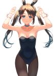  1girl :3 animal_ears armpits arms_up bare_arms bare_shoulders black_leotard blue_choker blue_eyes breasts brown_hair brown_legwear bunny_girl bunnysuit choker collarbone covered_navel cowboy_shot fake_animal_ears hairband highres idolmaster idolmaster_shiny_colors leotard long_hair looking_at_viewer mitsumine_yuika pantyhose rabbit_ears rangen ribbon_choker simple_background small_breasts smile solo standing strapless strapless_leotard twintails white_background wrist_cuffs 