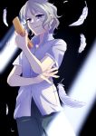  1boy absurdres black_background grey_shirt highres holding holding_phone kasuka_tamashiine kiryuu_yoshiya light_rays male_focus phone shirt silver_hair simple_background smile smirk solo standing subarashiki_kono_sekai violet_eyes white_feathers white_shirt 