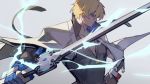  1boy black_shirt blonde_hair blue_eyes blue_gloves chest cowboy_shot cross fingerless_gloves gloves guilty_gear guilty_gear_strive highres holding holding_weapon jacket ky_kiske lightning looking_to_the_side serious shadow shirt short_hair simple_background solo sword uncle_rabbit_ii weapon white_jacket 