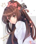  1girl brown_eyes brown_hair cake_no_shaberu cherry_blossoms flower hair_flower hair_ornament highres kantai_collection long_hair looking_at_viewer ponytail shirt white_shirt yamato_(kantai_collection) 