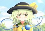  1girl aqua_hair arms_at_sides bangs black_headwear blue_sky blurry blurry_background bright_pupils clouds collar commentary day depth_of_field eyebrows_visible_through_hair frilled_shirt_collar frills green_collar green_eyes hat hat_ribbon heart heart_of_string highres komeiji_koishi light_blush looking_at_viewer outdoors ribbon sachisudesu shirt short_hair sky smile solo standing third_eye touhou tree upper_body white_pupils yellow_shirt 