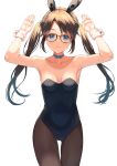  1girl :3 animal_ears armpits arms_up bare_arms bare_shoulders black-framed_eyewear black_leotard blue_choker blue_eyes breasts brown_hair brown_legwear bunny_girl bunnysuit choker collarbone covered_navel cowboy_shot fake_animal_ears glasses hairband highres idolmaster idolmaster_shiny_colors leotard long_hair looking_at_viewer mitsumine_yuika pantyhose rabbit_ears rangen ribbon_choker simple_background small_breasts smile solo standing strapless strapless_leotard twintails white_background wrist_cuffs 