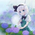  ascot bangs black_ascot black_bow black_hairband black_ribbon blue_eyes blunt_bangs bob_cut bow bowtie collared_shirt eyebrows_visible_through_hair flower ghost green_skirt green_vest hair_ribbon hairband hat hitodama holding holding_umbrella hydrangea konpaku_youmu konpaku_youmu_(ghost) open_mouth puffy_short_sleeves puffy_sleeves purple_flower rain ribbon shirt shizuki_uru short_hair short_sleeves skirt skirt_set touhou umbrella vest white_hair white_shirt 