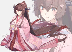  2girls absurdly_long_hair blonde_hair brown_hair cherry_blossoms commentary_request floral_print floral_print_kimono flower hair_between_eyes hair_flower hair_intakes hair_ornament headgear highres himeyamato holding holding_mini_person iowa_(kancolle) japanese_clothes kantai_collection kimono layered_kimono long_hair mini_person multiple_girls multiple_views one_eye_closed pink_kimono ponytail print_kimono red_eyes seiza sidelocks simple_background sitting smile solo very_long_hair white_background wide_sleeves yamato_(kancolle) 