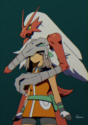  1boy 1girl animal_hands arms_at_sides artist_name bandana bare_shoulders beak bike_shorts bird_boy blaziken blue_background blue_eyes body_fur brown_hair chromatic_aberration claws closed_mouth collared_dress colored_sclera commentary_request covering_another's_eyes cowboy_shot cucumber_(wanton9cum) dress fanny_pack furry furry_male gloves green_bandana hand_up highres long_hair looking_afar may_(pokemon) medium_hair multicolored_fur orange_dress parted_lips pokemon pokemon_(creature) pokemon_emerald pokemon_rse protecting red_fur role_reversal short_dress short_tail sidelocks signature simple_background sleeveless sleeveless_dress standing tail white_fur white_gloves white_hair yellow_fur yellow_sclera 