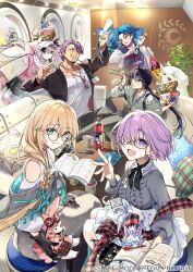  1other 2boys 3girls aesc_(fate) aesc_(rain_witch)_(fate) ahoge black_hair blonde_hair blue_eyes blush book bottle braid braided_ponytail breasts brown_eyes carimarica cellphone chaldea_logo character_doll couch cu_chulainn_(fate) cup cushion dog duryodhana_(fate) earrings facial_hair fate/grand_order fate_(series) feather_hair_ornament feathers fou_(fate) glasses gloves goatee grin habetrot_(fate) hair_between_eyes hair_ornament hair_over_one_eye hat holding holding_bento holding_book id_card indoors jacket jewelry large_breasts long_hair long_sleeves looking_at_viewer mash_kyrielight medium_breasts multiple_boys multiple_girls necklace official_art on_couch open_clothes open_jacket open_mouth orange_eyes phone pink_hair plant potted_plant purple_hair red_eyes round_eyewear saika_magoichi_(fate) setanta_(fate) shirt short_hair side_ponytail sidelocks sitting small_breasts smartphone smile standing stuffed_toy table unworn_eyewear violet_eyes watch watch white_hair yamato_takeru_(fate) 