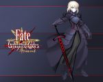  1girl armor armored_dress blonde_hair dark_excalibur fate/stay_night fate/unlimited_codes fate_(series) faulds logo saber saber_alter sword wallpaper weapon yellow_eyes 