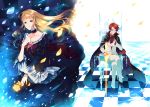  beatrice blonde_hair blue_eyes cape checkered checkered_background choker colored_eyelashes crossed_legs dress eyelashes flower glowing hair_down hanokage jacket necktie petals red_hair ripples sitting sword umineko_no_naku_koro_ni ushiromiya_battler weapon when_they_cry_4 