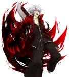  1boy blazblue claws devoured_by_darkness hair_over_one_eye hakama heterochromia huge_weapon jacket japanese_clothes noco open_clothes open_jacket open_mouth ragna_the_bloodedge red_eyes red_jacket reverse_grip short_hair silver_hair solo sword weapon 
