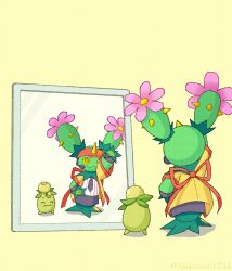  :3 arm_up closed_mouth clothed_pokemon commentary_request cosplay double_cheese_(mcdonald's) double_cheese_(mcdonald's)_(cosplay) headset highres jacket maractus mcdonald's mirror nakaraso_(xtns3483) necktie pokemon pokemon_(creature) reflection shirt skirt smile smoliv standing visor_cap yellow_eyes yellow_jacket 