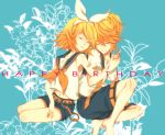  barefoot belt blonde_hair bow closed_eyes hair_bow hair_ornament hairclip holding_hands kagamine_len kagamine_rin macco navel school_uniform serafuku short_hair shorts siblings twins vocaloid 