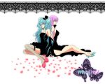  2girls aqua_hair back-to-back black_dress blue_eyes butterfly curly_hair fishnets hair_over_one_eye hat hatsune_miku holding_hands jpeg_artifacts long_hair magnet_(vocaloid) megurine_luka mini_hat nail_polish petals pink_hair pink_shoes shoes side_slit sitting sleeveless strapless vocaloid wavy_hair yuri 
