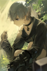  1boy 9s_(nier:automata) absurdres bird bird_on_hand black_choker black_gloves black_jacket boots check_commentary choker closed_mouth commentary_request dated eyelashes gloves grey_eyes hair_between_eyes highres jacket light_smile long_sleeves looking_at_animal male_focus nahonanaho nier:automata nier_(series) no_blindfold outdoors pendant_choker short_hair shorts sitting smile twitter_username white_hair 
